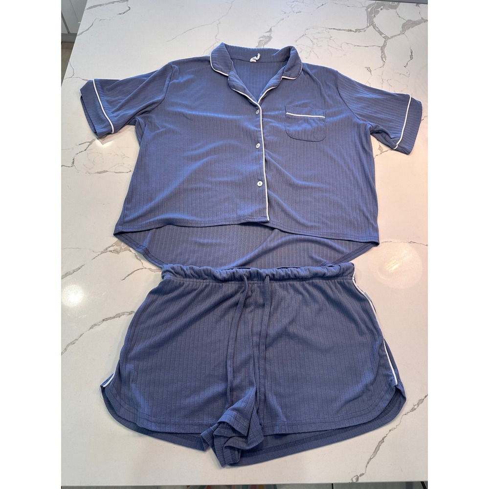 Bliss Womens Pajama Set Blue Ribbed Short Sleeve Button Top and Shorts Size M